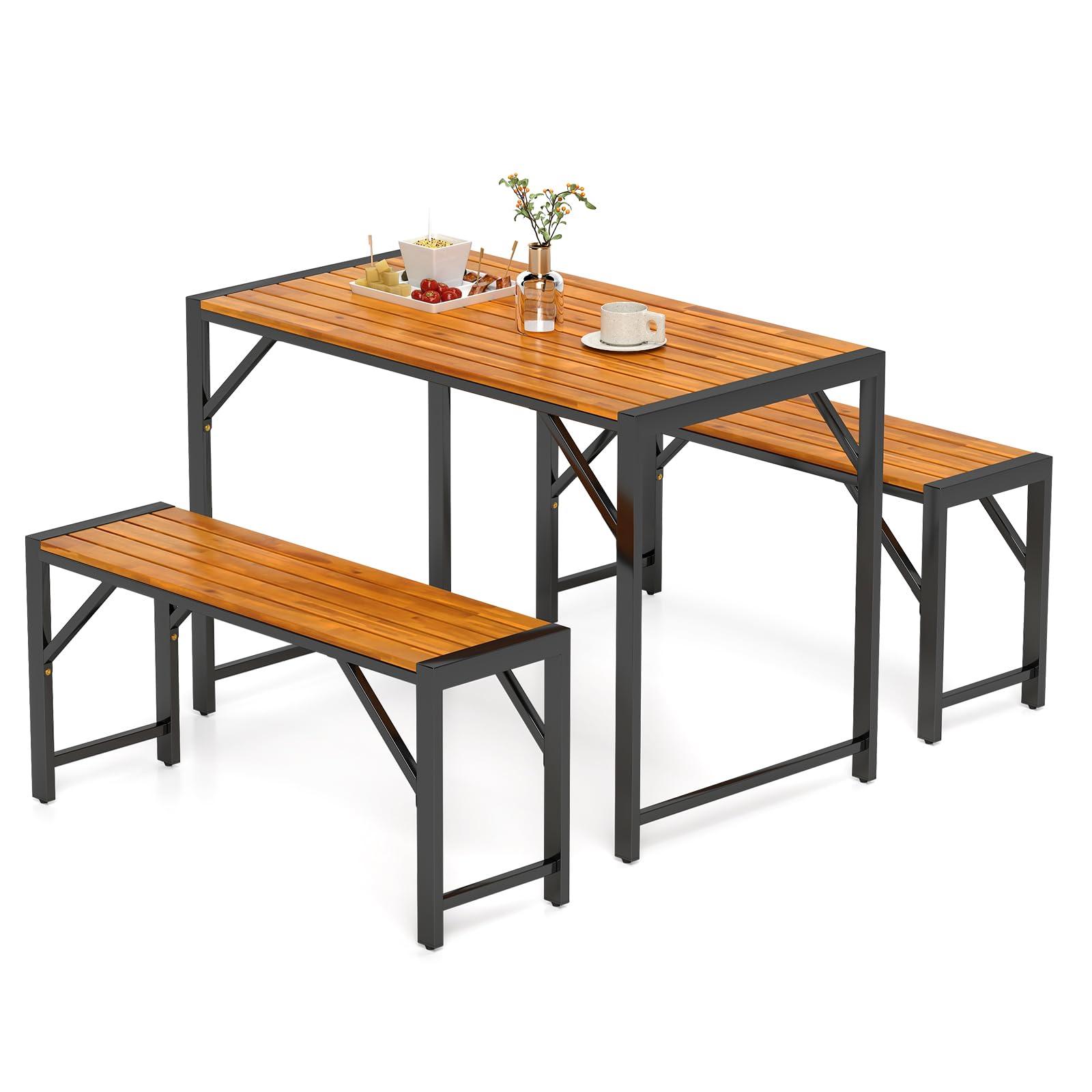Ensemble de salle à manger Tangkula 3 pièces pour 4 personnes, table de pique-nique extérieure et 2 bancs